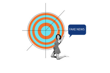 Obraz premium Creative poster collage young woman jump celebrate victory fake news message information speech target goal aim accomplishment