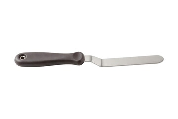 Fototapeta premium Professional stainless steel offset icing spatula featuring a comfortable black ergonomic handle designed for precise cake decorating, spreading frosting, and delicate baking tasks.