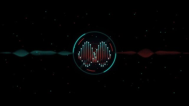 Audio equalizer sound wave glowing inside futuristic HUD circle interface on dark digital background