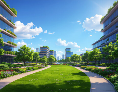 lush central lawn and walking paths in an eco-friendly urban park bordered by modern glass office buildings with landscaped vertical gardens under a bright blue sky