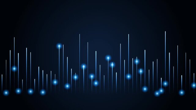 Minimalist digital sound wave equalizer with glowing blue vertical bars and particles