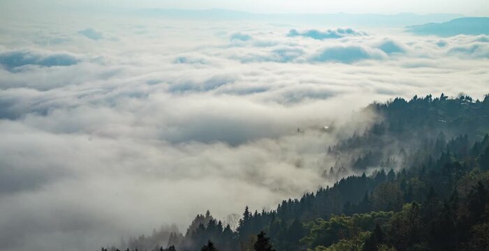 Aerial View of Clouds Covering Forested Mountain Slopes in Sochi, Russia