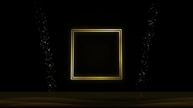 Luxury golden glowing square frame with sparkling light effects and dark reflective surface