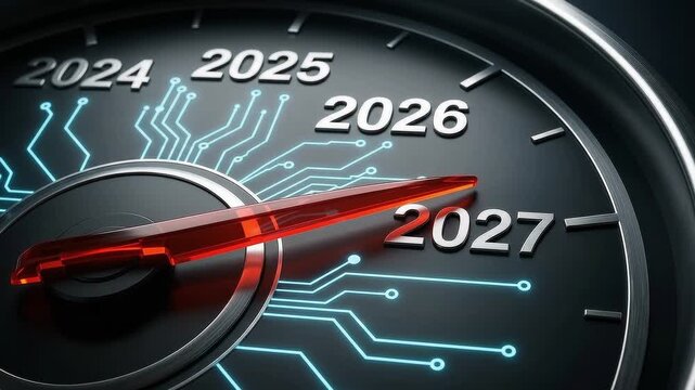 A speedometer quickly nearing the year 2027 illustrates future forecasts and demonstrates how swiftly time continues to move forward