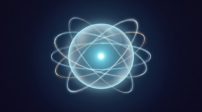 Atom Orbit Abstract With A Translucent Glowing Sphere Wrapped In Thin Blue And Gold Elliptical Rings On A Plain Dark Blue Background