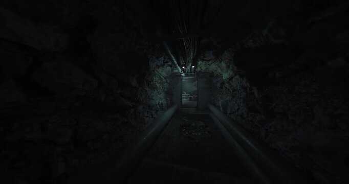 long pipe tunnel with vanishing perspective and parallel conduits leading into greenish haze, symmetrical geometry and repeating grates create hypnotic depth