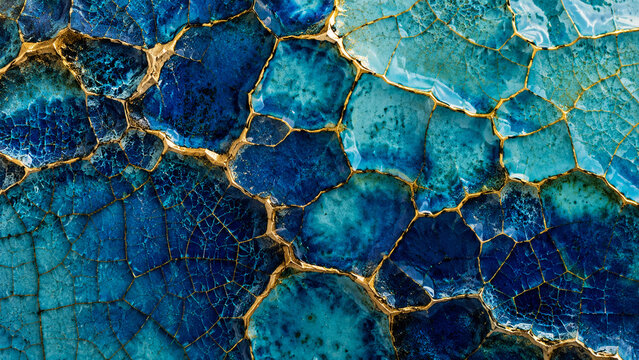 &Eacute;mail turquoise craquel&eacute; avec veines dor&eacute;es en texture macro