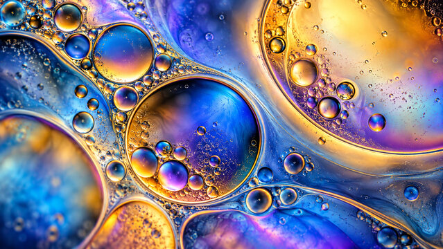 Cellules d&rsquo;huile et d&rsquo;eau iris&eacute;es en macro bleu et or