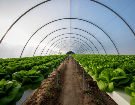 symmetrical interior view of a commercial polytunnel greenhouse cultivating vibrant green butterhead lettuce in elevated hydroponic troughs along a central path