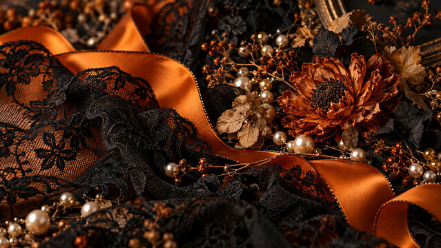 Composition gothique &eacute;l&eacute;gante en dentelle noire et rubans orange