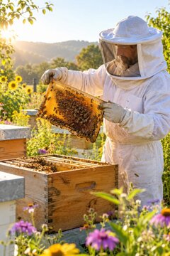 Beekeeper Inspecting Honeycomb