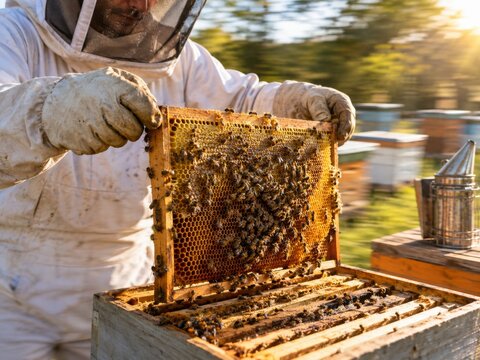 Beekeeper Inspecting Honeycomb Frame with Bees