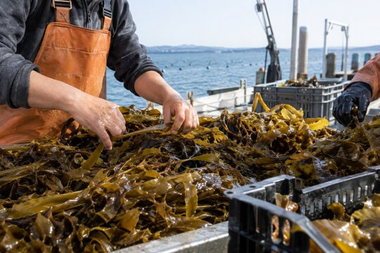 Worker Handling Harvested Seaweed on Boat