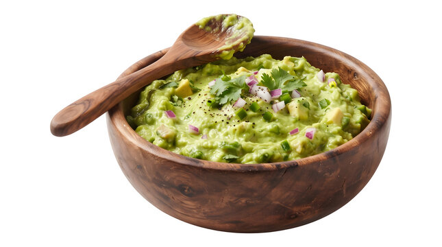 A wooden bowl filled with guacamole and a spoon on transparent background
