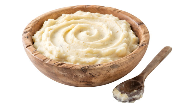 A wooden bowl filled with mashed potatoes and a spoon on transparent background