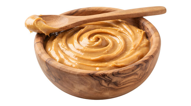 A wooden bowl filled with creamy peanut butter and a spoon on transparent background