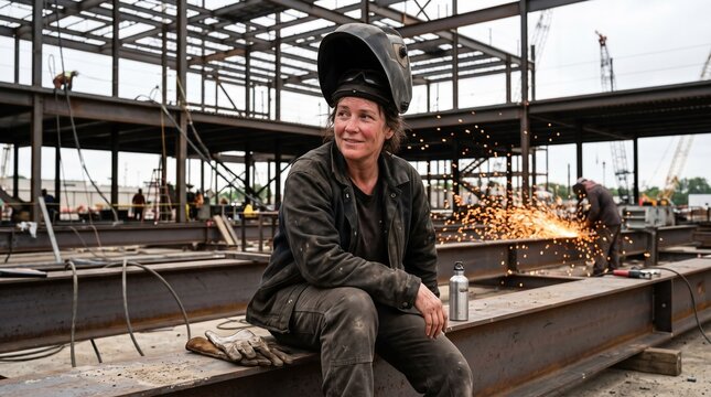 Woman Welder Break On A Steel Beam While A Coworker Grinds