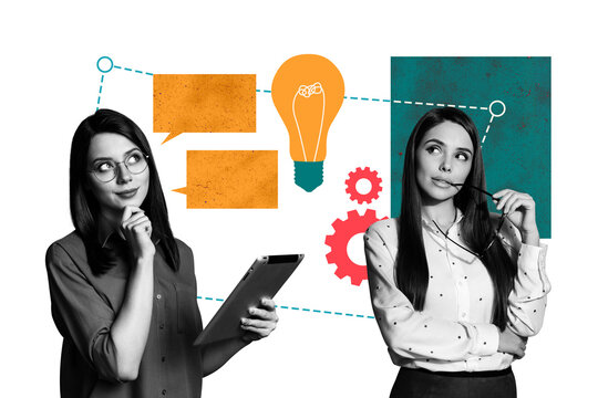 Composite trend artwork sketch image photo collage of young two lady think hold tablet colleagues idea lamp cogwheel cooperation teamwork