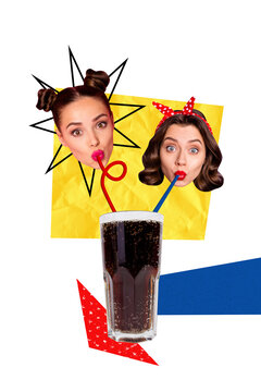 Vertical art banner collage of happy astonished girls duckface hold straw drink coke beverage fizzy lemonade on colorful background