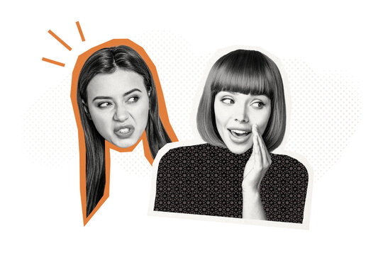 Composite photo collage of two girls share gossips lies dissatisfaction emotion curiosity whisper murmur isolated on painted background
