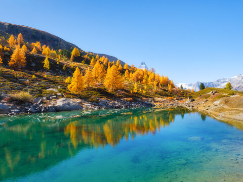 Mountain landscape with a calm lake reflecting autumn trees with colorful fall foliage. Clear daytime view of water reflection, forest, and mountain peaks.