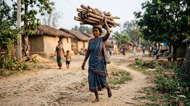 Village woman carrying bundle of wood on head in rural settlement