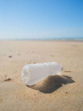 Vertical photo. Environmental waste problem on the sea coast. Plastic bottle on the beach. Plastic trash buried in the sand.