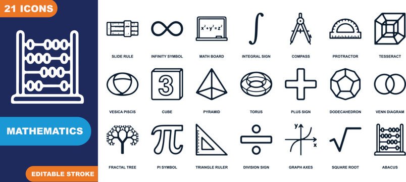 21 mathematics icons in vector flat design for educational purposes