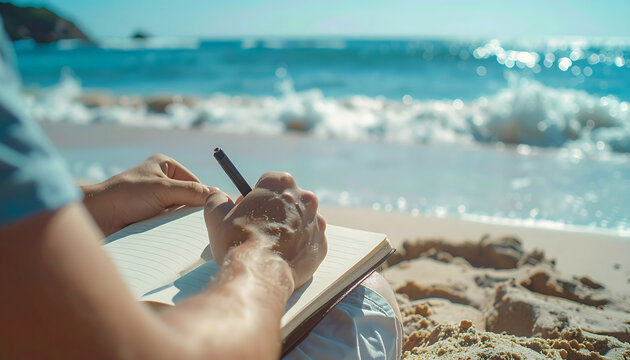 Person writing in notebook while sitting on sandy tropical beach with blurred ocean waves in background during sunny day