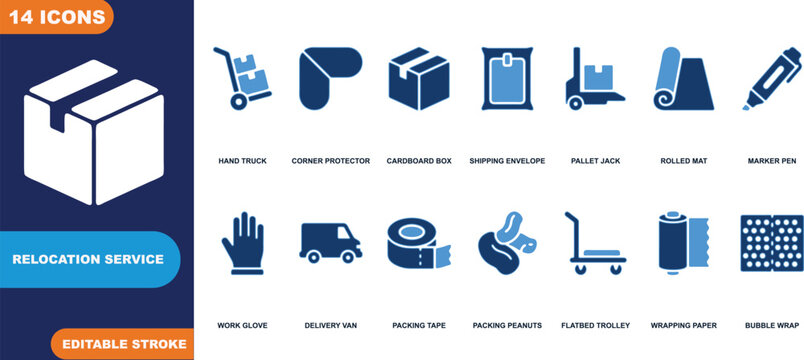 Relocation service vector icons for moving and packing