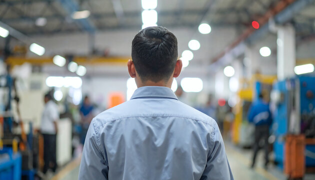 Male factory manager wearing a blue shirt standing inside a large industrial manufacturing plant with blurred machinery in background