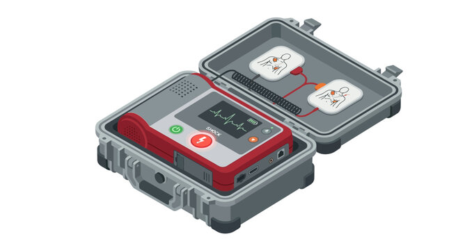 3D Isometric Automated External Defibrillator AED in Open Medical Case
