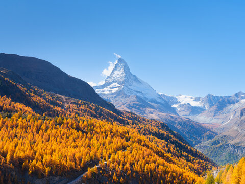 Matterhorn mountain peak rising above a colorful autumn forest in Zermatt, Switzerland. Alpine autumn landscape. Background, postcard, wallpaper.