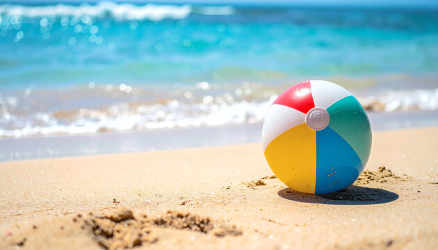 Beach ball resting on golden sand shore with soft focus turquoise ocean waves in the background during sunny summer day