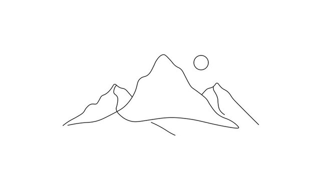 Continuous line art animation of a mountain landscape with sun, minimal nature line drawing for outdoor, travel, eco, adventure, and luxury branding