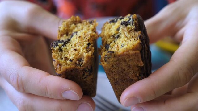 Hands split chocolate chip loaf cake into two halves over plate, showing tender interior and chocolate drizzle. Sweet dessert handling feels casual and inviting in close kitchen view.