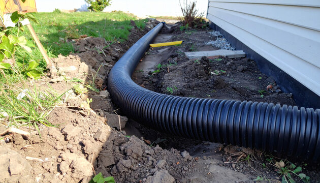 Black corrugated drainage pipe installed in a shallow trench along the side of a residential house for exterior water management