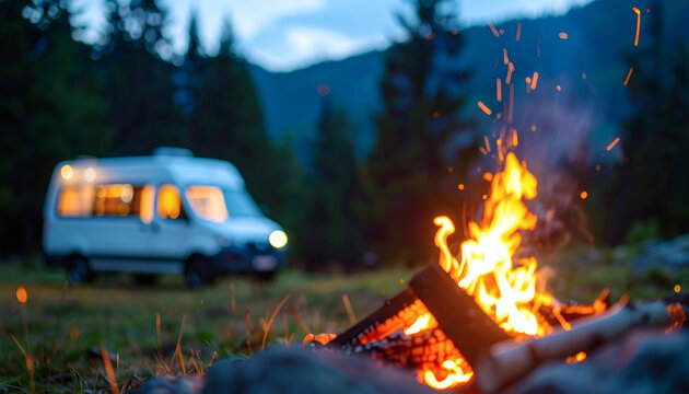 Campfire burning brightly in the forest with a blurred camper van parked in the background during a quiet evening sunset