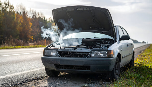 Broken car engine smoking on the side of a highway road with an open hood during a summer afternoon journey