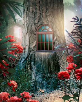 Whimsical fantasy elf or gnome house in pine tree with window frame, whimsy enchanted fairy tale forest with fabulous fairytale blooming roses flower garden in misty night, mystical nature landscape.