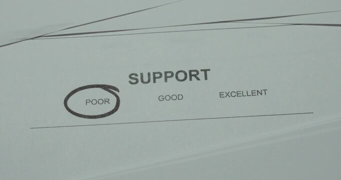 Person circles Poor on a Support rating scale with Poor, Good and Excellent options, representing low satisfaction and poor support service.