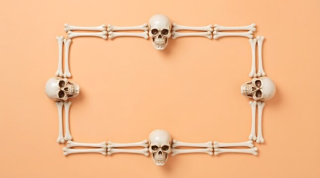 Rectangular frame made of human skulls and bones arranged on a solid pastel orange background