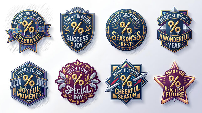 Holiday Season Greeting Badges with Gold Percent Symbol