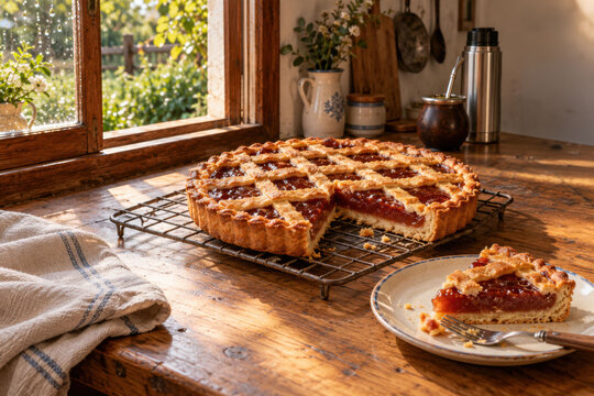 Homemade Quince Pastafrola Cooling by a Rustic Kitchen Window with a Served Slice, Mate and Warm Afternoon Sunlight