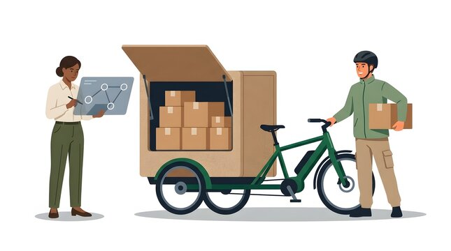 Courier with electric cargo bike and manager checking digital delivery route on tablet