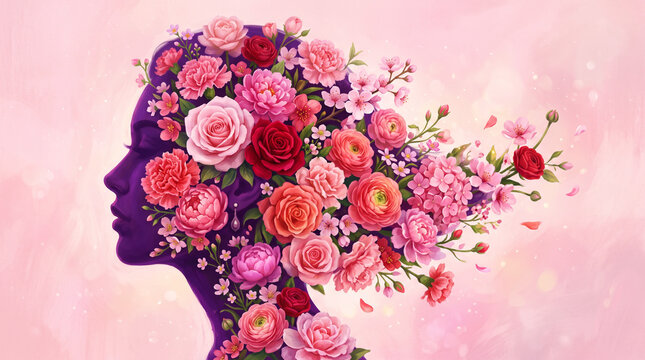 Beautiful woman profile formed from vibrant colorful flowers and petals