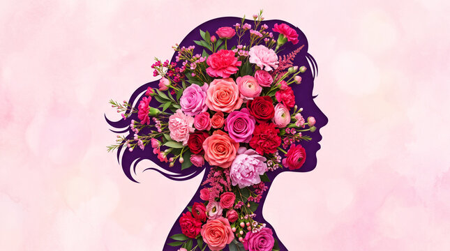 Beautiful woman profile filled with vibrant colorful flowers and botanical elements
