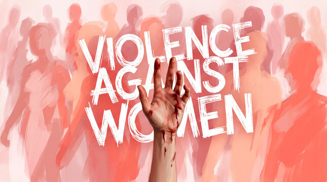 Stop violence against women message over blurred crowd of people