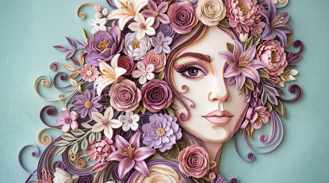 Beautiful woman portrait constructed from delicate flowers and botanical elements
