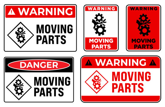 Crush hazard warning sign set with moving parts safety symbols, machinery injury prevention labels, and industrial equipment safety signage for factories and workshops